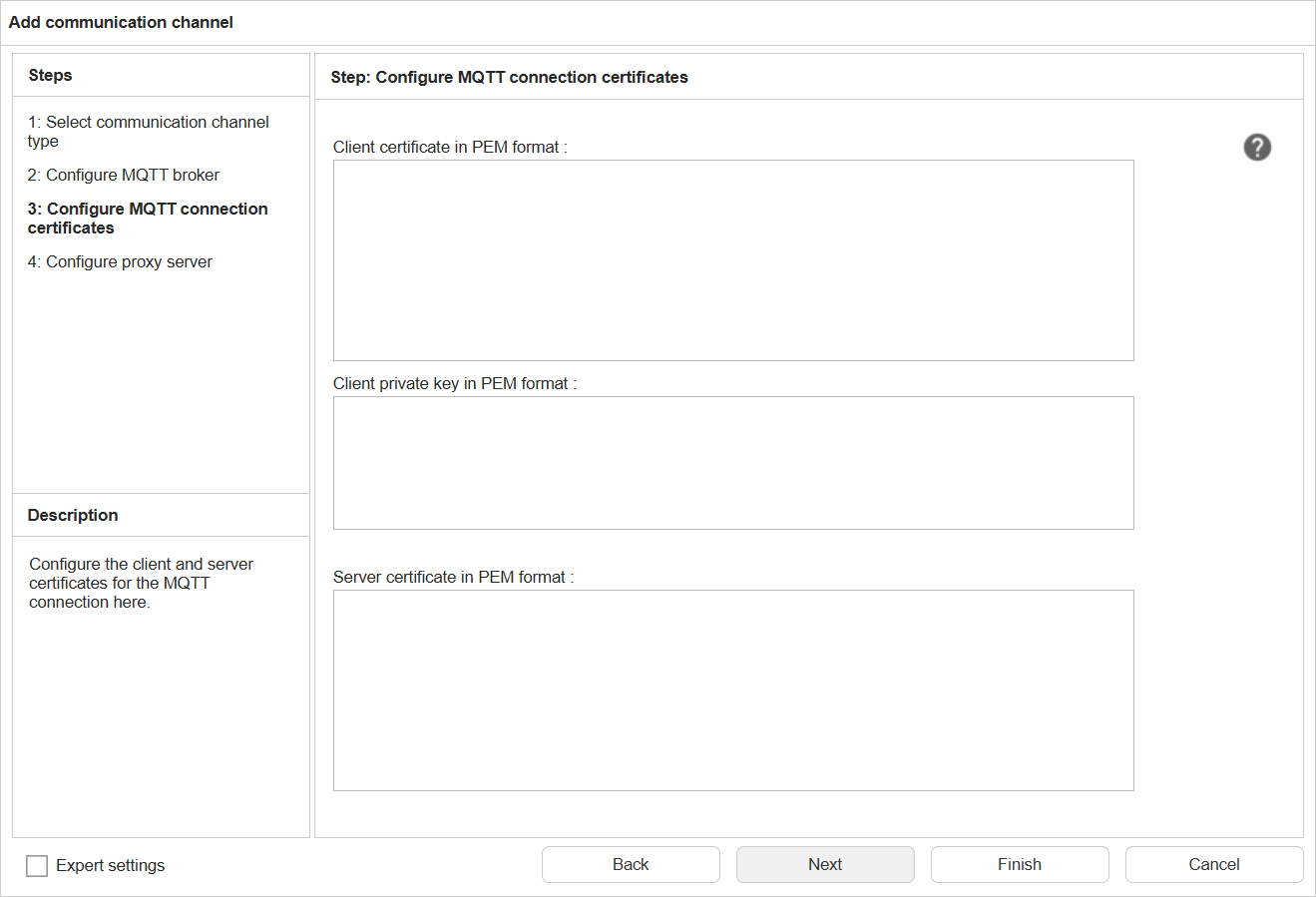 Configuration screen for MQTT certificates