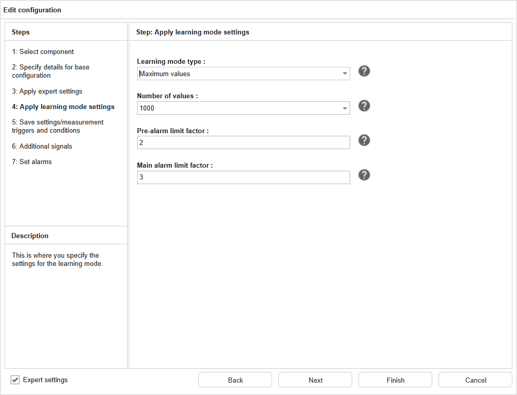 Wizard dialogue to configure the learing mode